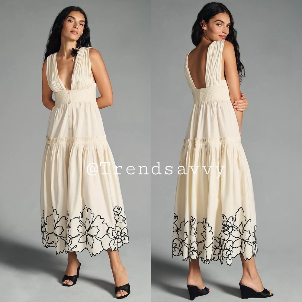 Anthropologie Forever That Girl Tiered Floral Maxi Dress Deep V Ivory Petite L